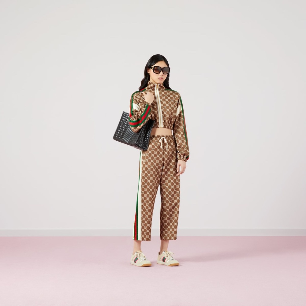 size M Gucci Women GG Cropped Track Pants Tear Away Buttons Web Beige Brown - Picture 2 of 15